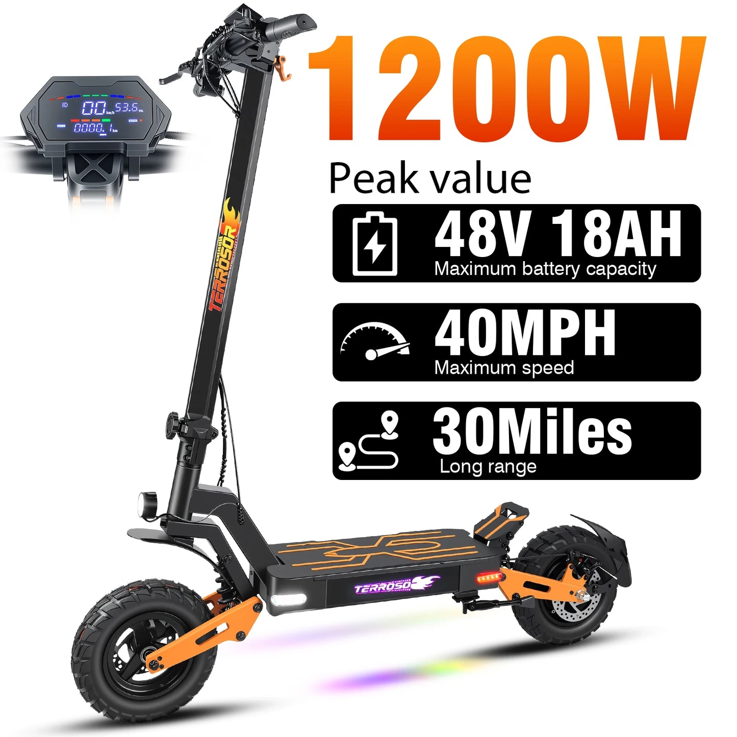 Electric Scooter for Adult, 1200W Motor, Folding E-Scooter Up to 40Mph & 30 Miles Range, 11" Off Road Tire Scooter with Dual Sus