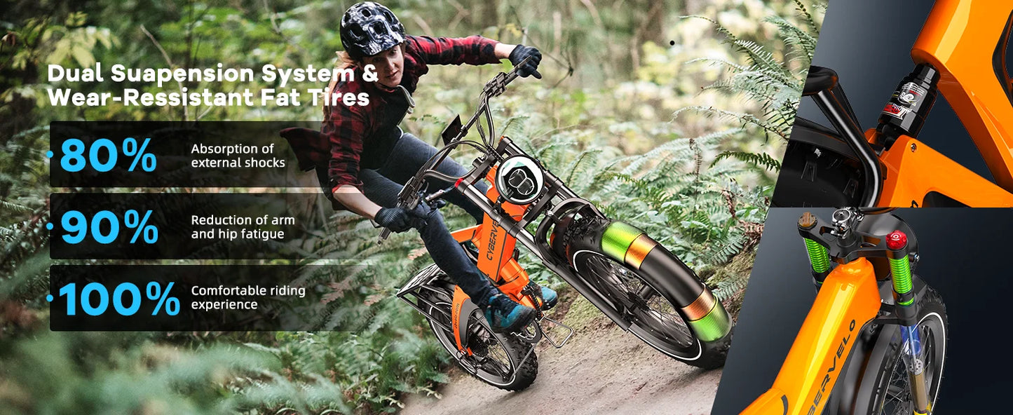 Cybervelo 20” Fat Tire 2000W Peak Motor Luxury Foldable ebike,48V Removable Battery E Bicycle, 35+ MPH 100+Miles Long Range EK6