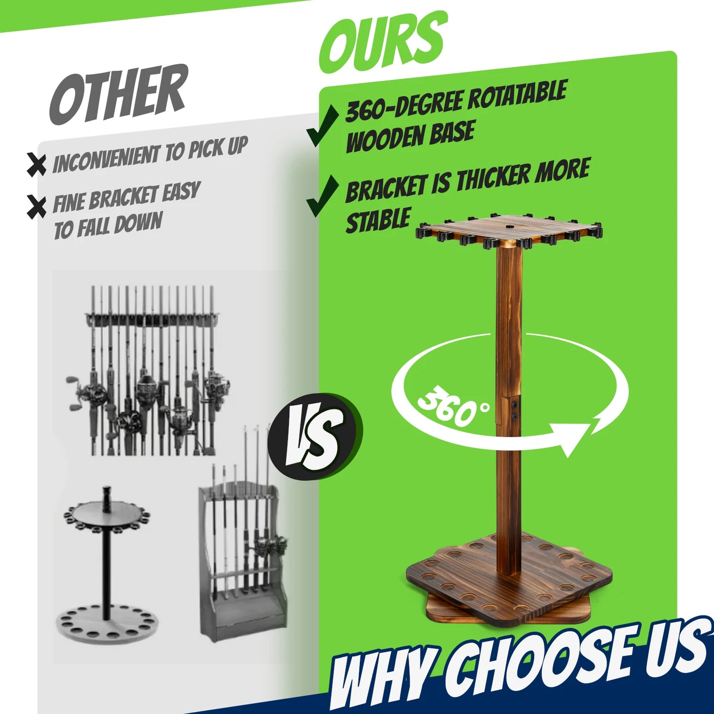 Fishing Rod Holder 360° Rotating Wooden Rod Pole Rack New Style Holds up to 16 rods Fishing Organizer for Space-Saving Fishing R