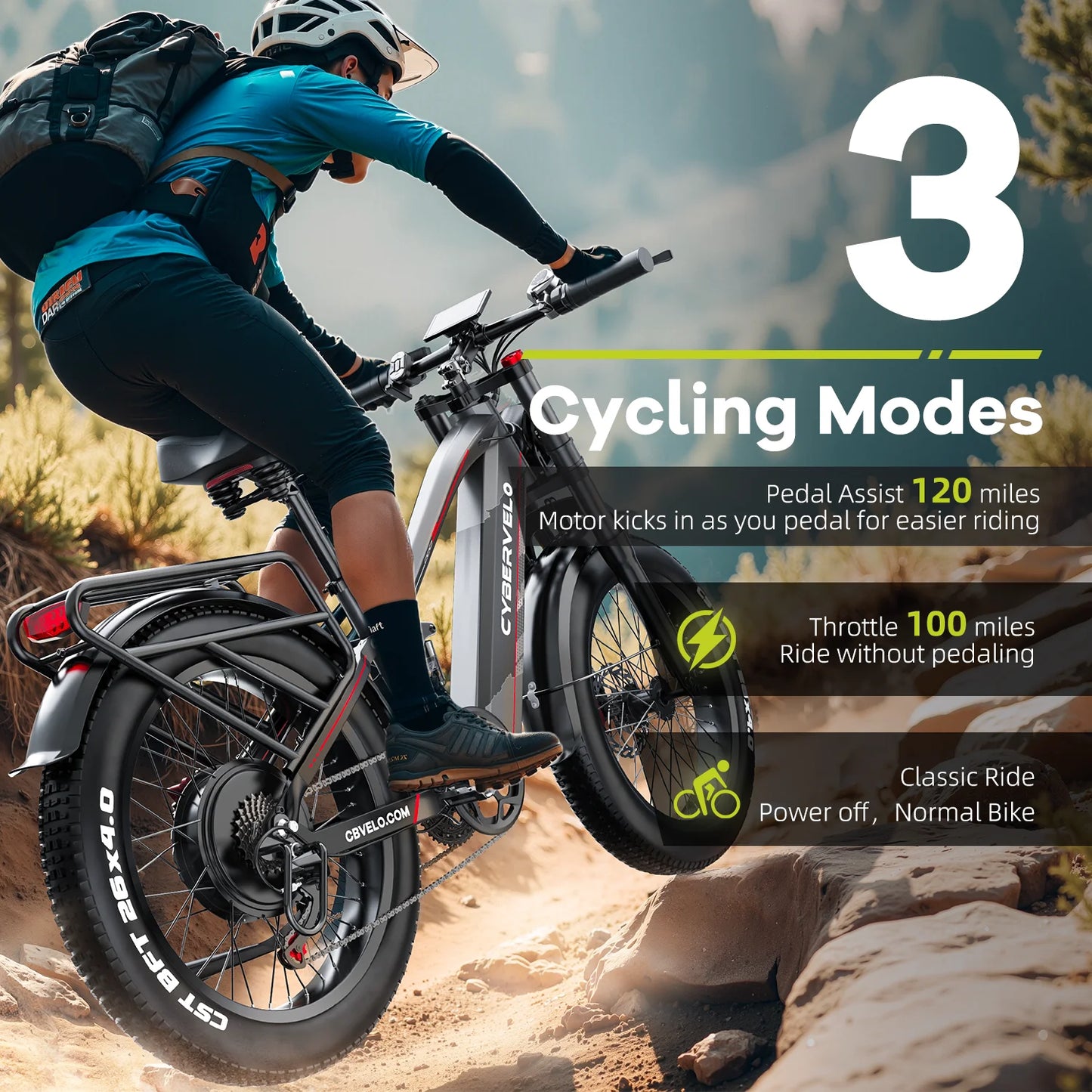Cybervelo Strong Power Ebike, 5000W Motor Off Road Electric Bike, 100 Miles Long Range, 26"x4.0” Fat Tire, 60V 50Ah Big Battery EK9