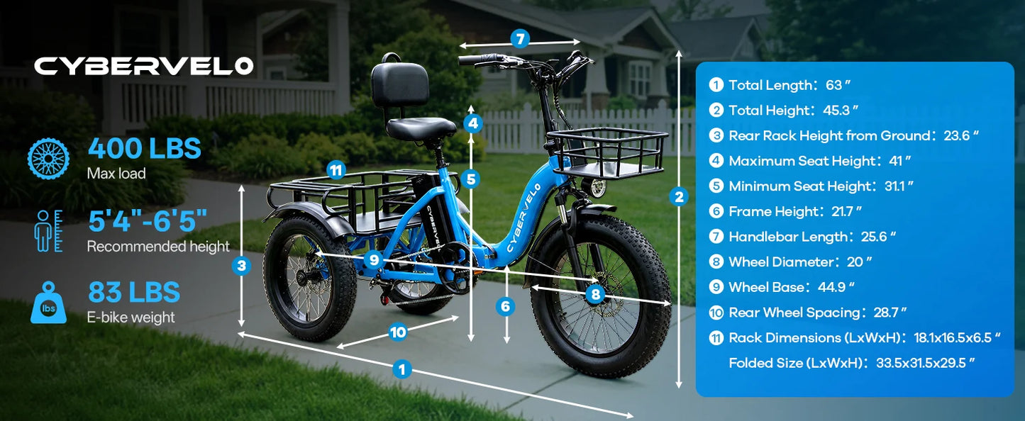 1000W Peak Three-Wheels Step-Thru Folding Ebike, 48V 20.8AH Removable Battery, 7-Speed Urban City Commuter Electric Tricycle for Adults Cybervelo C16