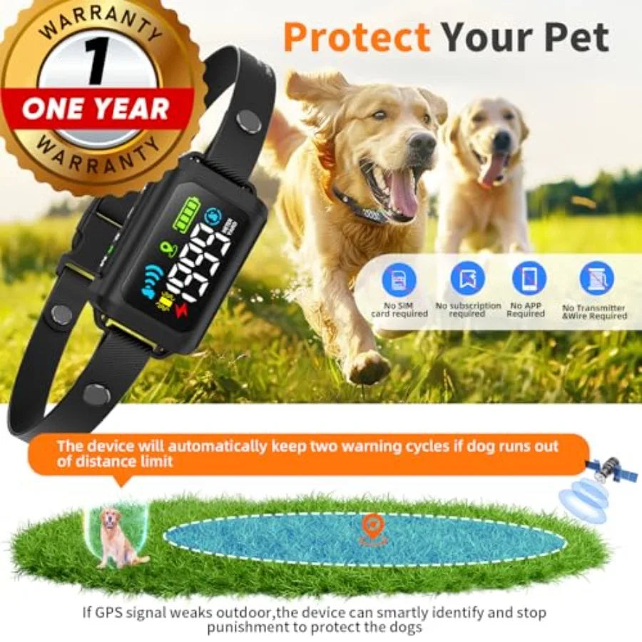 GPS Wireless Dog Fence - Waterproof Pet Containment System with Smart Shock Collar - Safe GPS Tracker for Dogs - Adjustable Rec