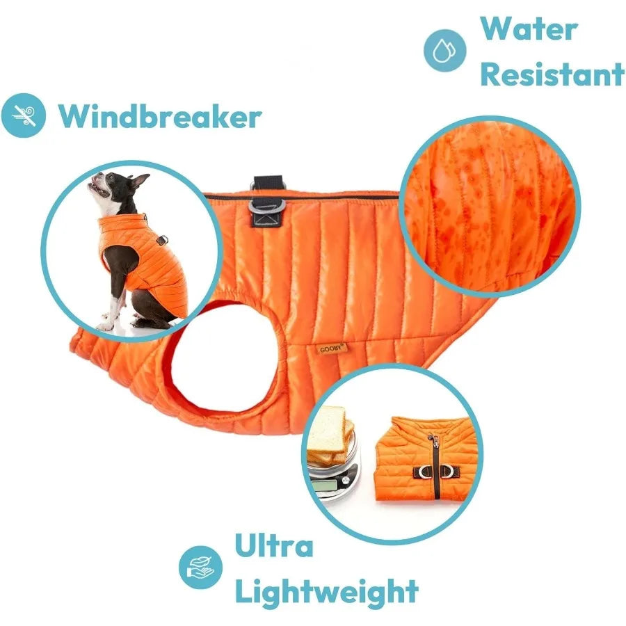 Ultra Thin Zip Up Wind Breaker Puffer Vest Dog Jacket in Orange for Small to Medium Dogs Water Resistant with Dual D Ring Leash