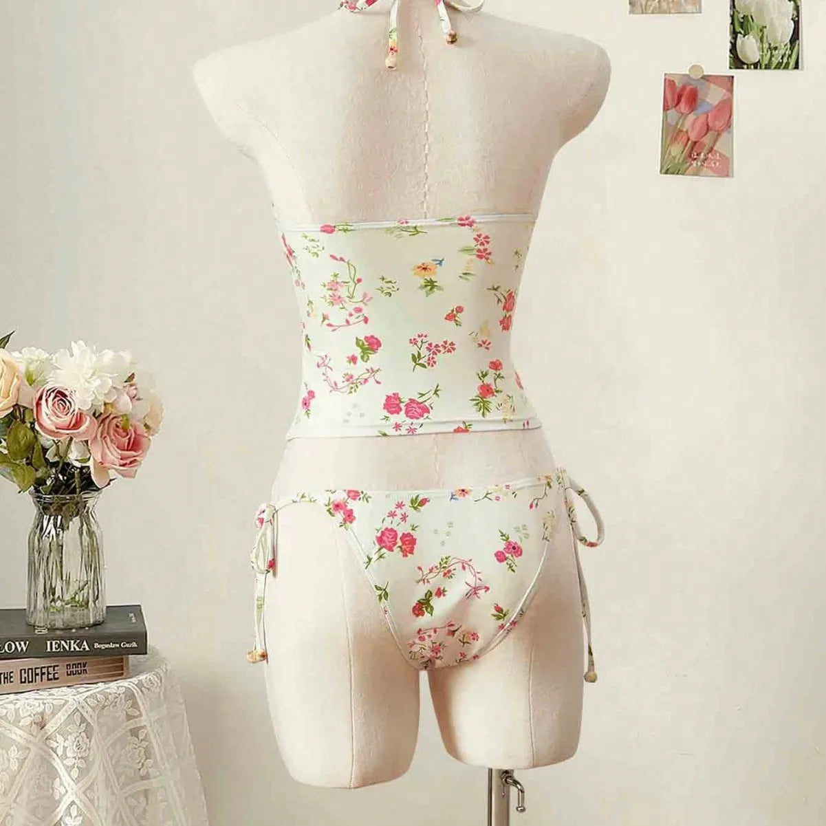 Trendy Floral Print Tankini Two-Piece Swimsuit with Halter Neck And Strap for Women High Waist Sexy Tight Fit Backless Swimwear