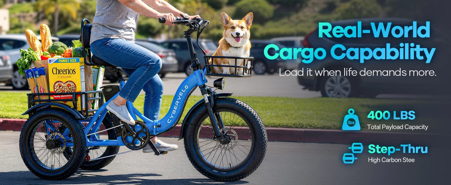 1000W Peak Three-Wheels Step-Thru Folding Ebike, 48V 20.8AH Removable Battery, 7-Speed Urban City Commuter Electric Tricycle for Adults Cybervelo C16