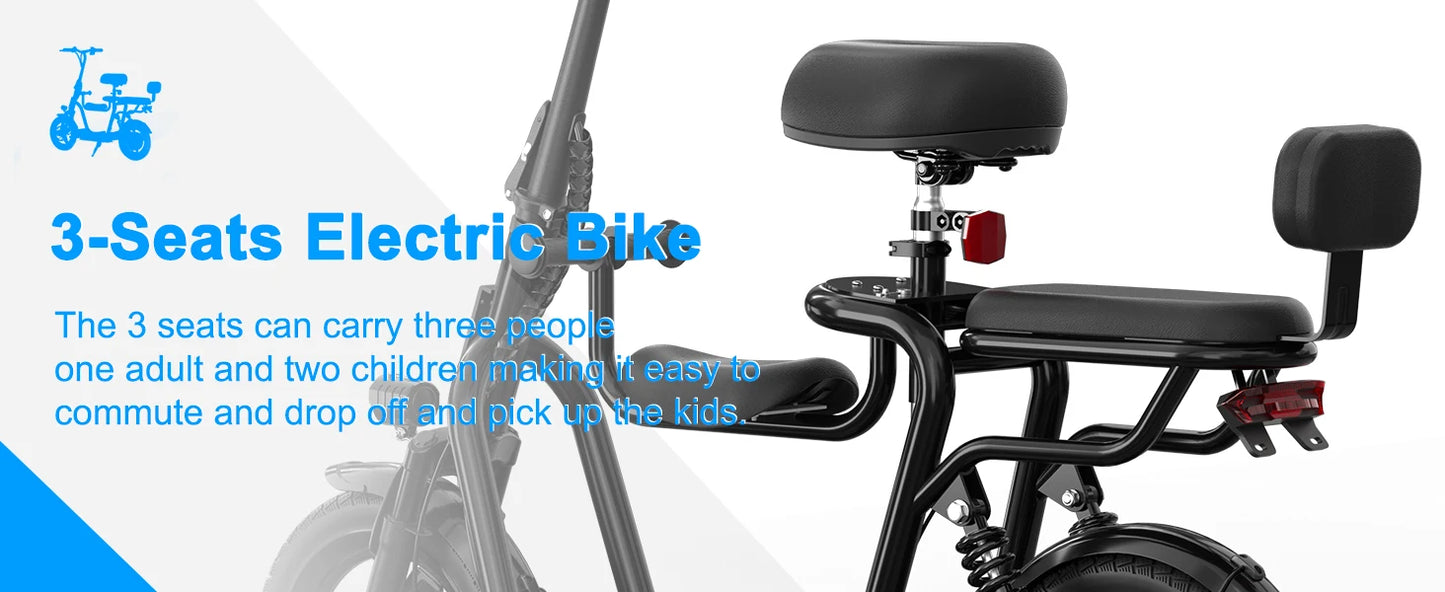 Spacewalk 36V Electric Scooter with 3 Seats for Adults Power by 500W Motor Peak, E Bike with 14" Tire and 20 Miles Range&17.4Mph