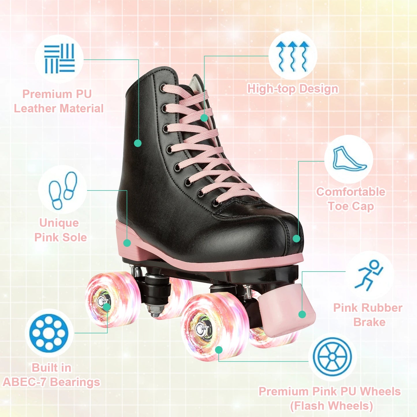 Quad Roller Skates Size 32-40 Adult Women Flashing 4 Wheels Skate Shoes Kids Girls Beginner Outdoor Skating Training Sneakers