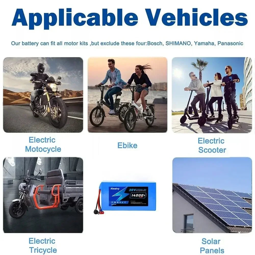 Aleaivy 36V 48V Electric Bike Lithium Battery Pack 10,14,20Ah Li ion Ebike Battery for Bicycle Scooter Motorcycle with Charger