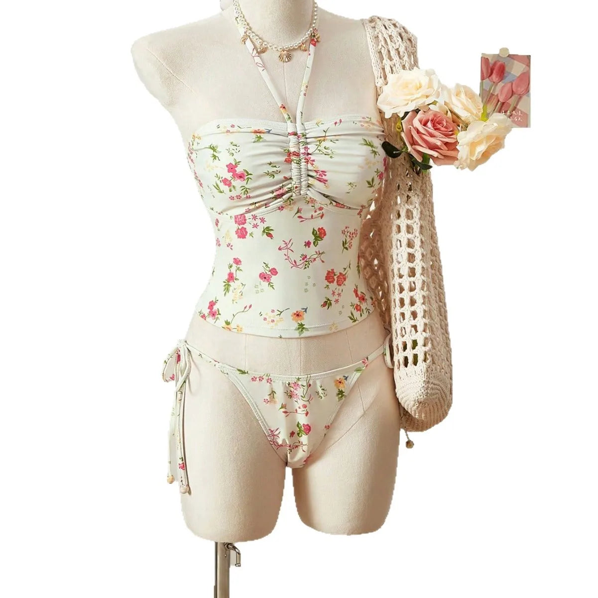 Trendy Floral Print Tankini Two-Piece Swimsuit with Halter Neck And Strap for Women High Waist Sexy Tight Fit Backless Swimwear