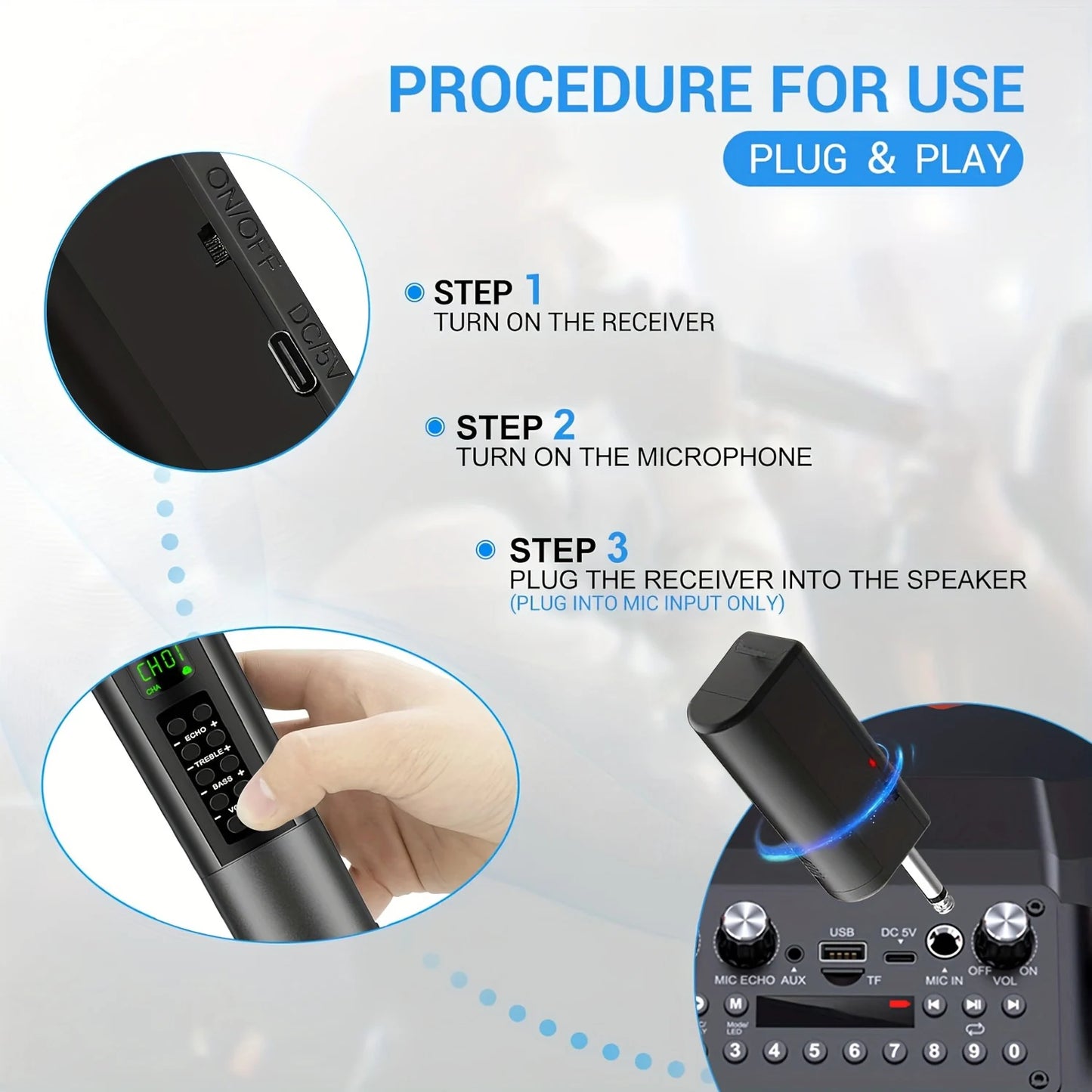Rechargeable Handheld Wireless Microphones with Echo Treble BASS VOL Control for Karaoke Singing