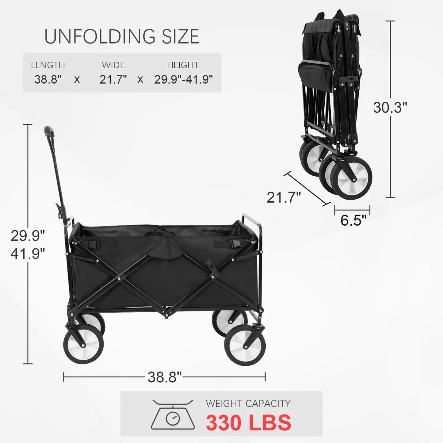 39" Collapsible Wagon Folding Foldable Garden Cart with Large Capacity 330 LBS Capacity Portable Utility Wagon Cart Heavy Duty f