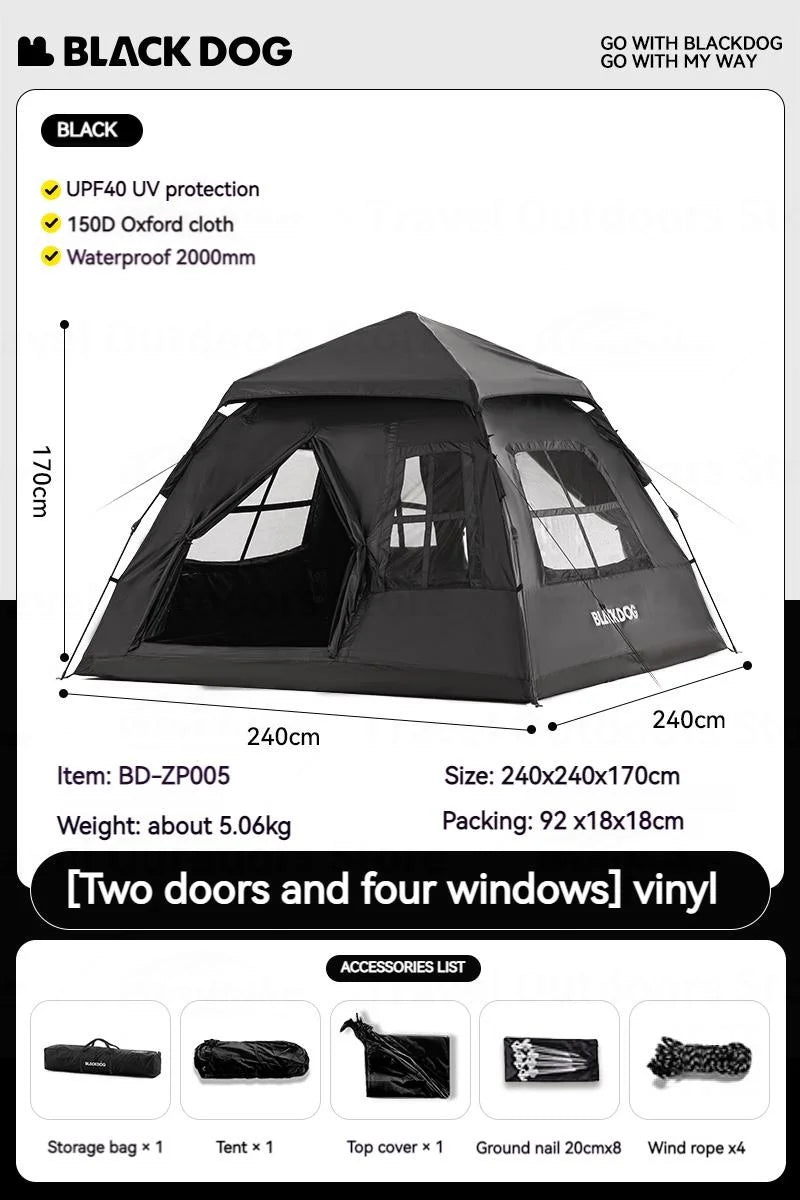 Naturehike BLACKDOG Camping One-touch Tent 3 ~ 4 People for Outdoor Travel Picnic Beach 150D Oxford Vinyl Tent Waterproof 2000mm