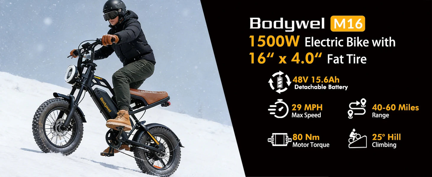 Bodywel M16 Off-Road Electric Bike for Adults 1500W Motor 48V 15AH Battery Fat Tire Mountain Moped Ebike All-Terrain Motorcycle