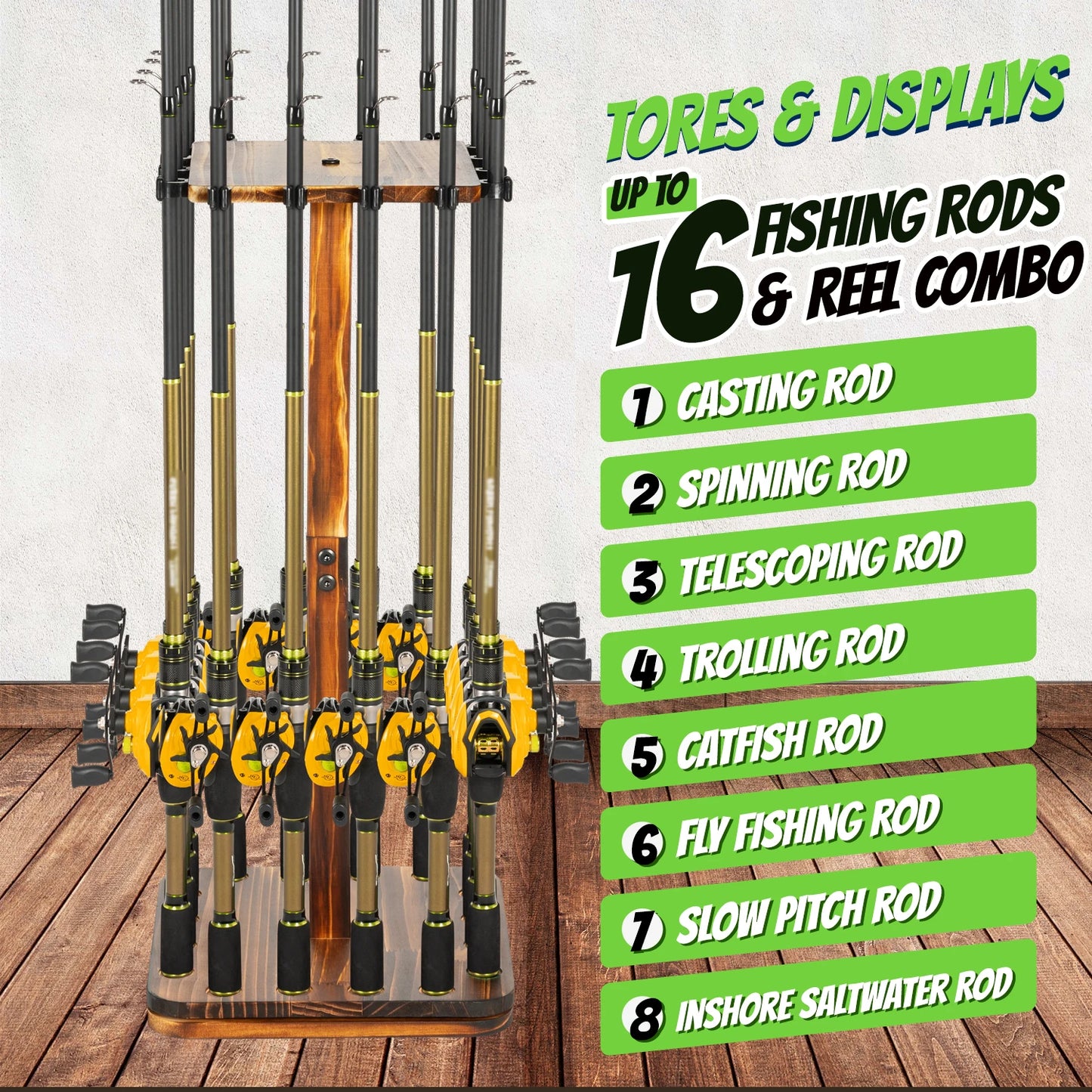 Fishing Rod Holder 360° Rotating Wooden Rod Pole Rack New Style Holds up to 16 rods Fishing Organizer for Space-Saving Fishing R