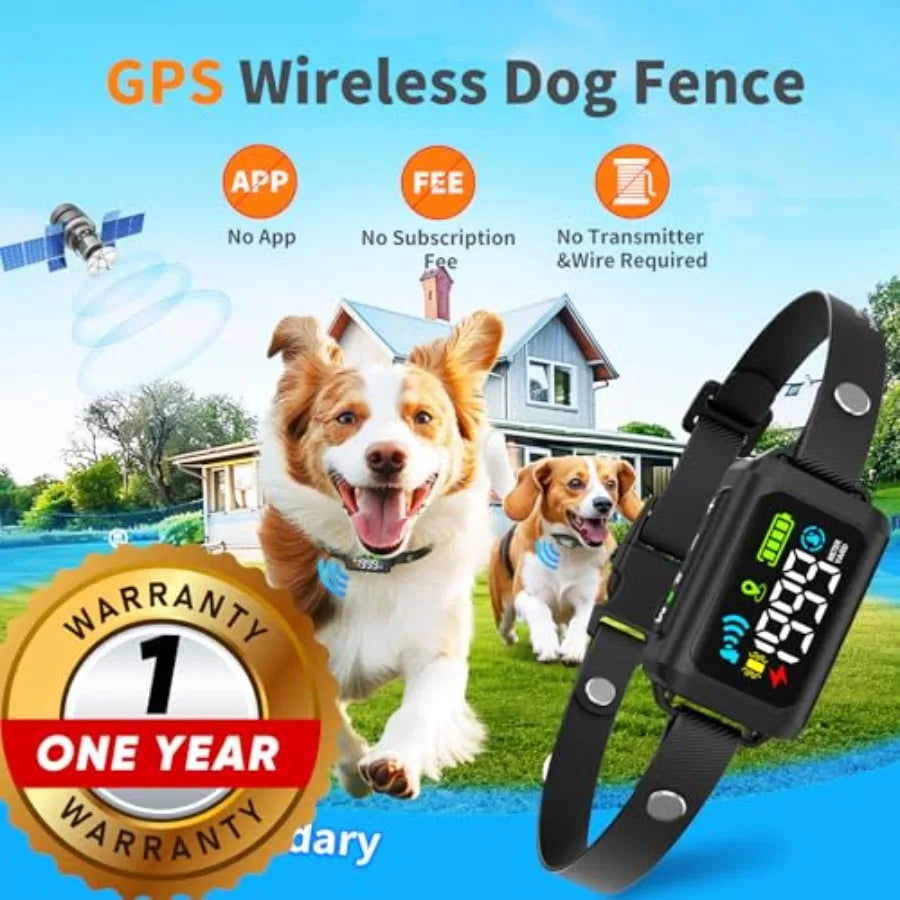 GPS Wireless Dog Fence - Waterproof Pet Containment System with Smart Shock Collar - Safe GPS Tracker for Dogs - Adjustable Rec