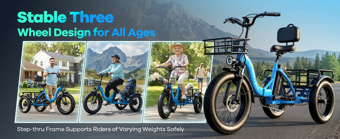 1000W Peak Three-Wheels Step-Thru Folding Ebike, 48V 20.8AH Removable Battery, 7-Speed Urban City Commuter Electric Tricycle for Adults Cybervelo C16