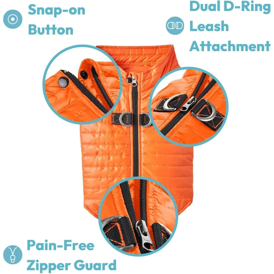 Ultra Thin Zip Up Wind Breaker Puffer Vest Dog Jacket in Orange for Small to Medium Dogs Water Resistant with Dual D Ring Leash