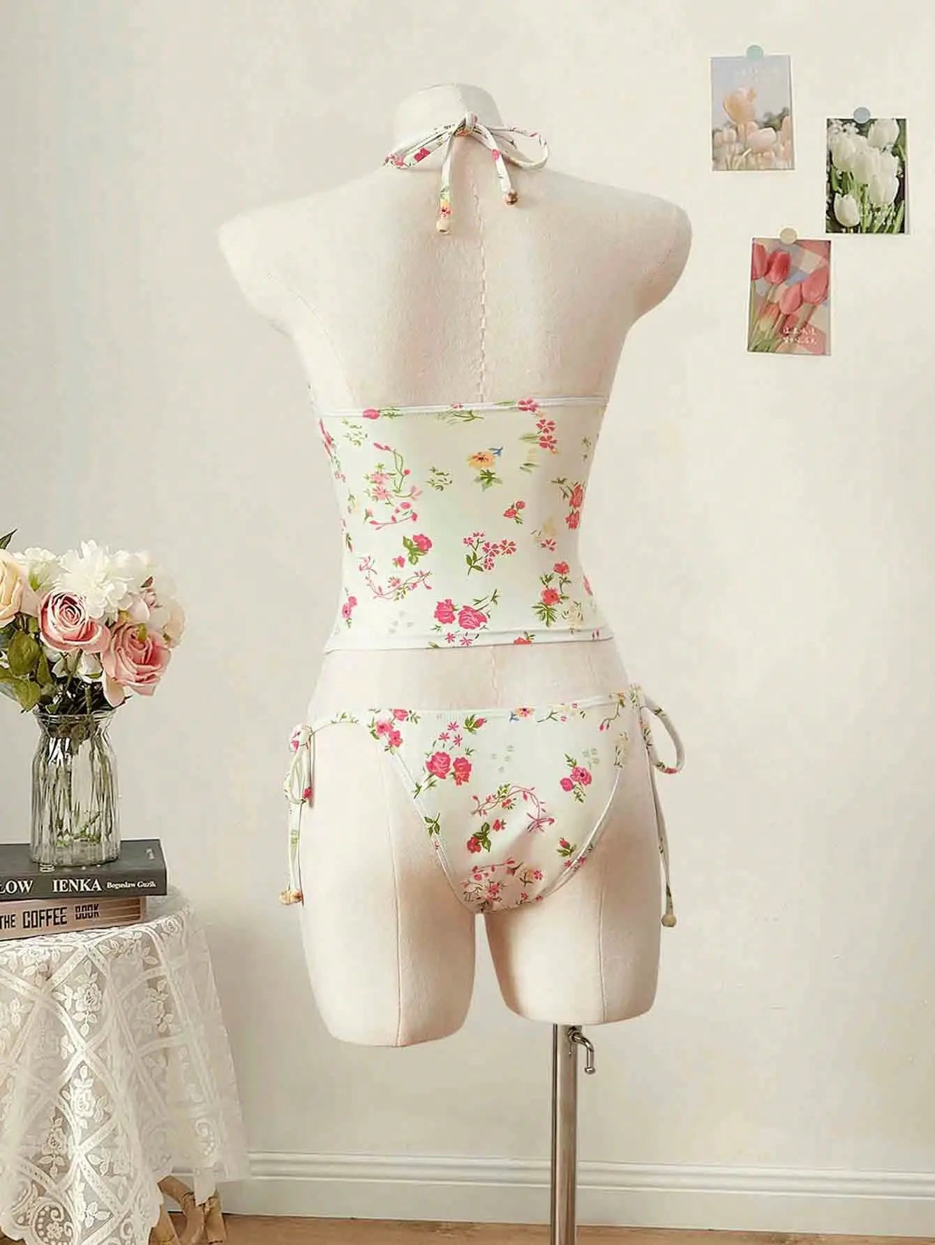 Trendy Floral Print Tankini Two-Piece Swimsuit with Halter Neck And Strap for Women High Waist Sexy Tight Fit Backless Swimwear