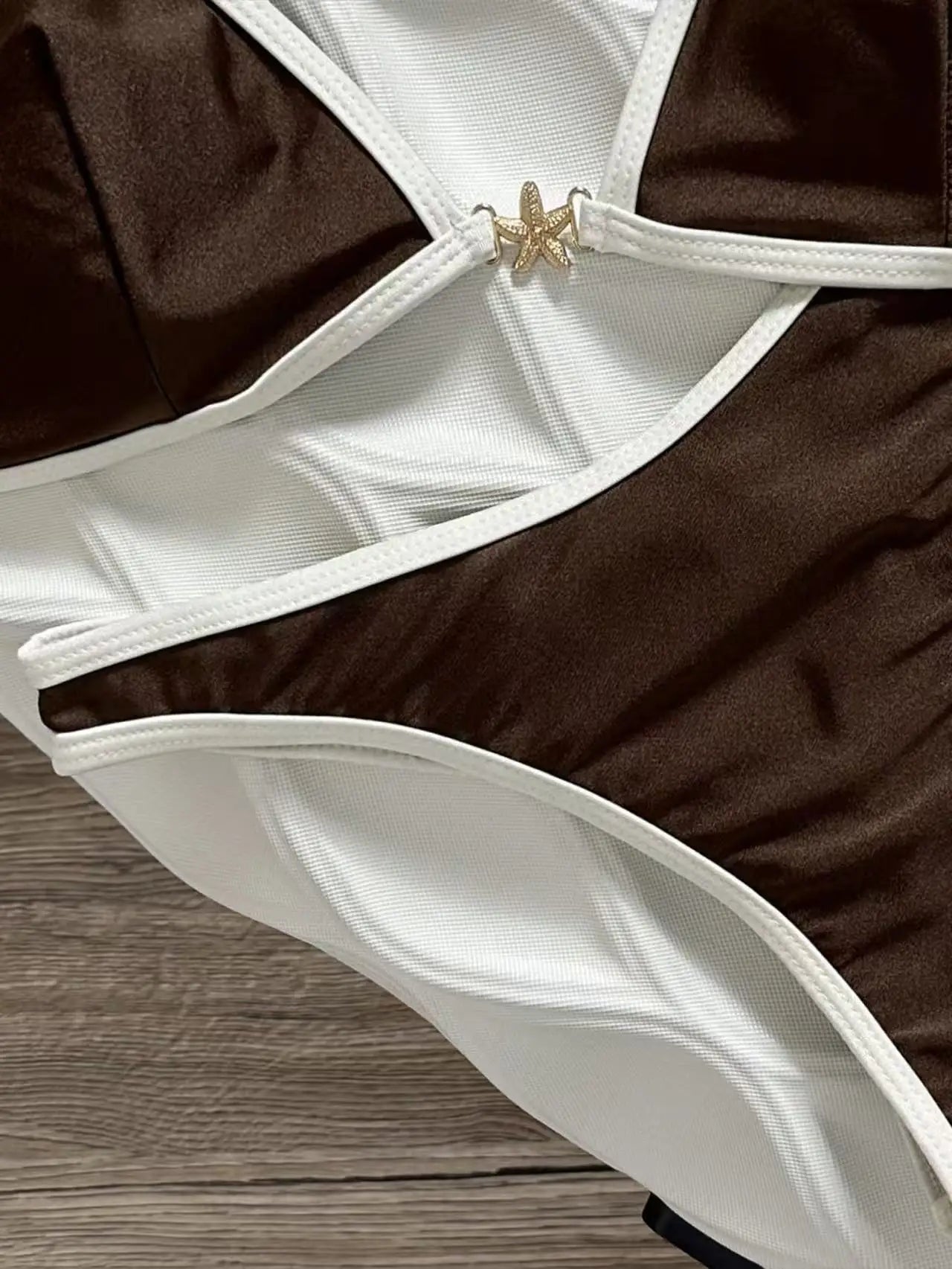 Vintage Brown White Contrast Starfish Detail Triangle Bikini Set High Cut Push Up Swimsuit Women 2 Piece Bathing Suit