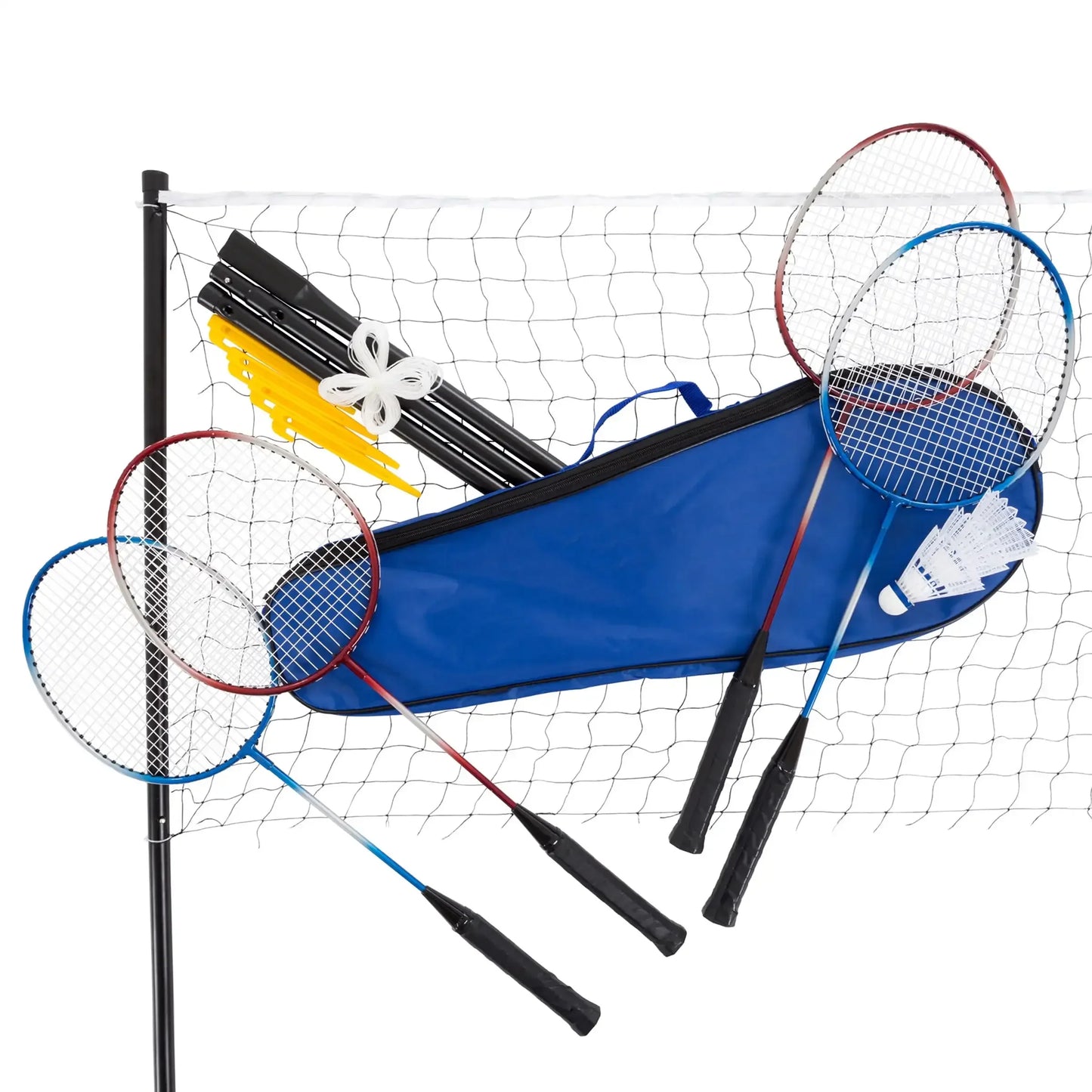 Badminton Set - Backyard Games Include 4 Badminton Rackets, 3 Birdies, Regulation-Size Net with Pole Stakes and Carry Bag