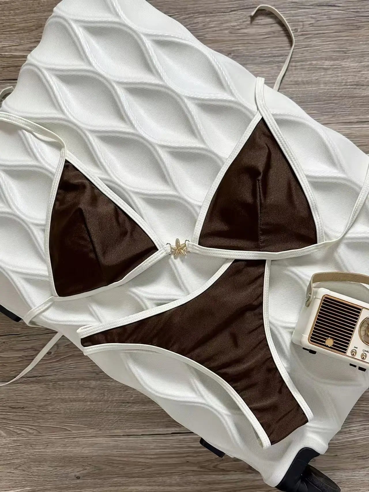 Vintage Brown White Contrast Starfish Detail Triangle Bikini Set High Cut Push Up Swimsuit Women 2 Piece Bathing Suit