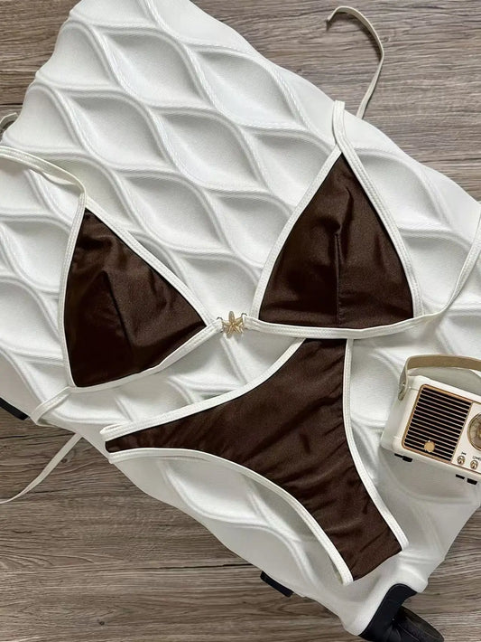 Vintage Brown White Contrast Starfish Detail Triangle Bikini Set High Cut Push Up Swimsuit Women 2 Piece Bathing Suit