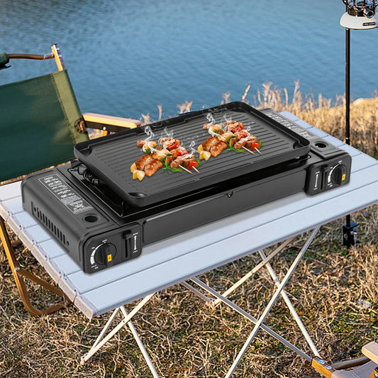 Camping Stove Dual Burner W/Grill Tray & Storage Case Portable Outdoor Cooking Gear for Picnic BBQ Hiking