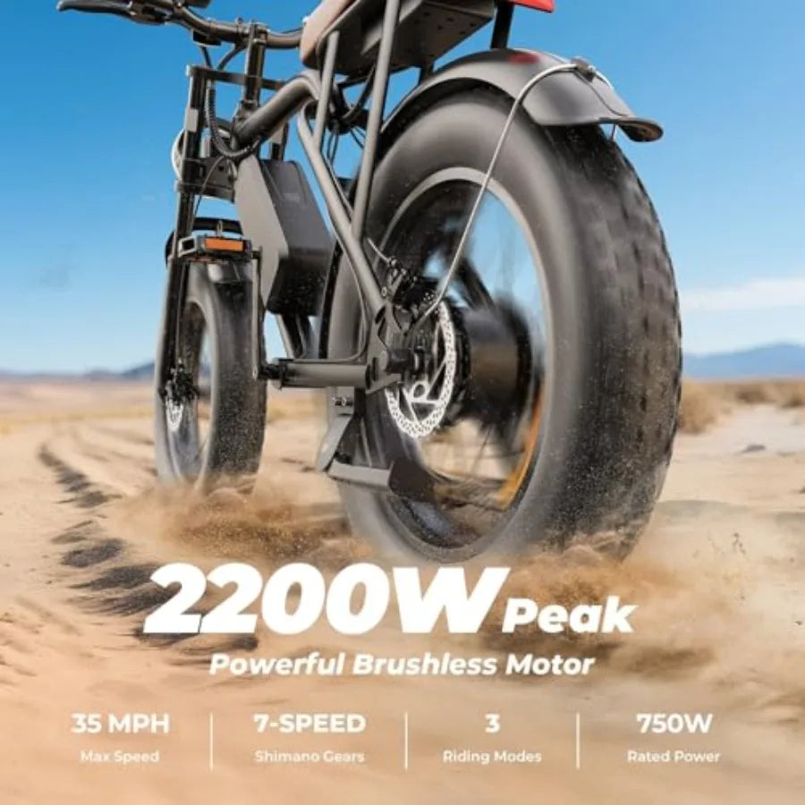 Electric Bike for Adults: 2200W 30/32MPH 75 Miles Range 48V 15.6AH Removable Battery 7-Speed 3 Riding Modes Full Suspension Dua