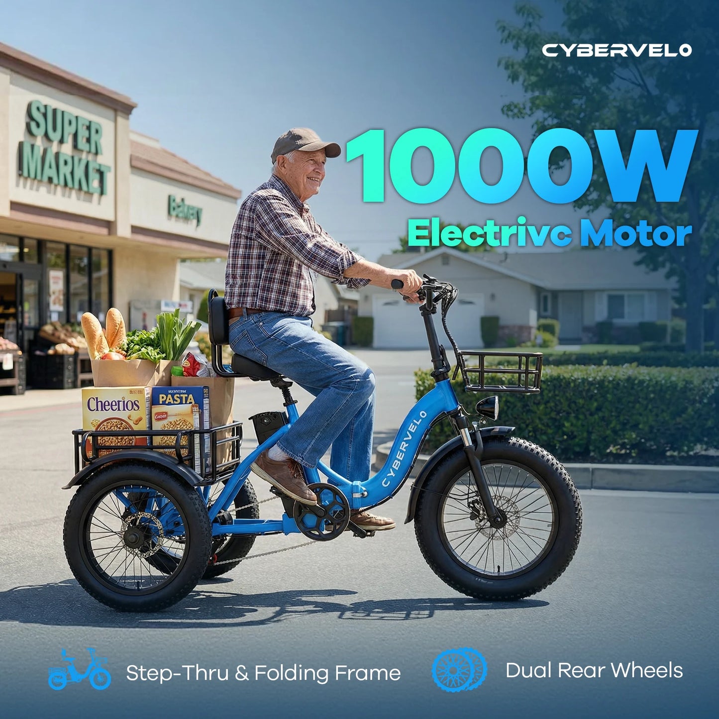 1000W Peak Three-Wheels Step-Thru Folding Ebike, 48V 20.8AH Removable Battery, 7-Speed Urban City Commuter Electric Tricycle for Adults Cybervelo C16