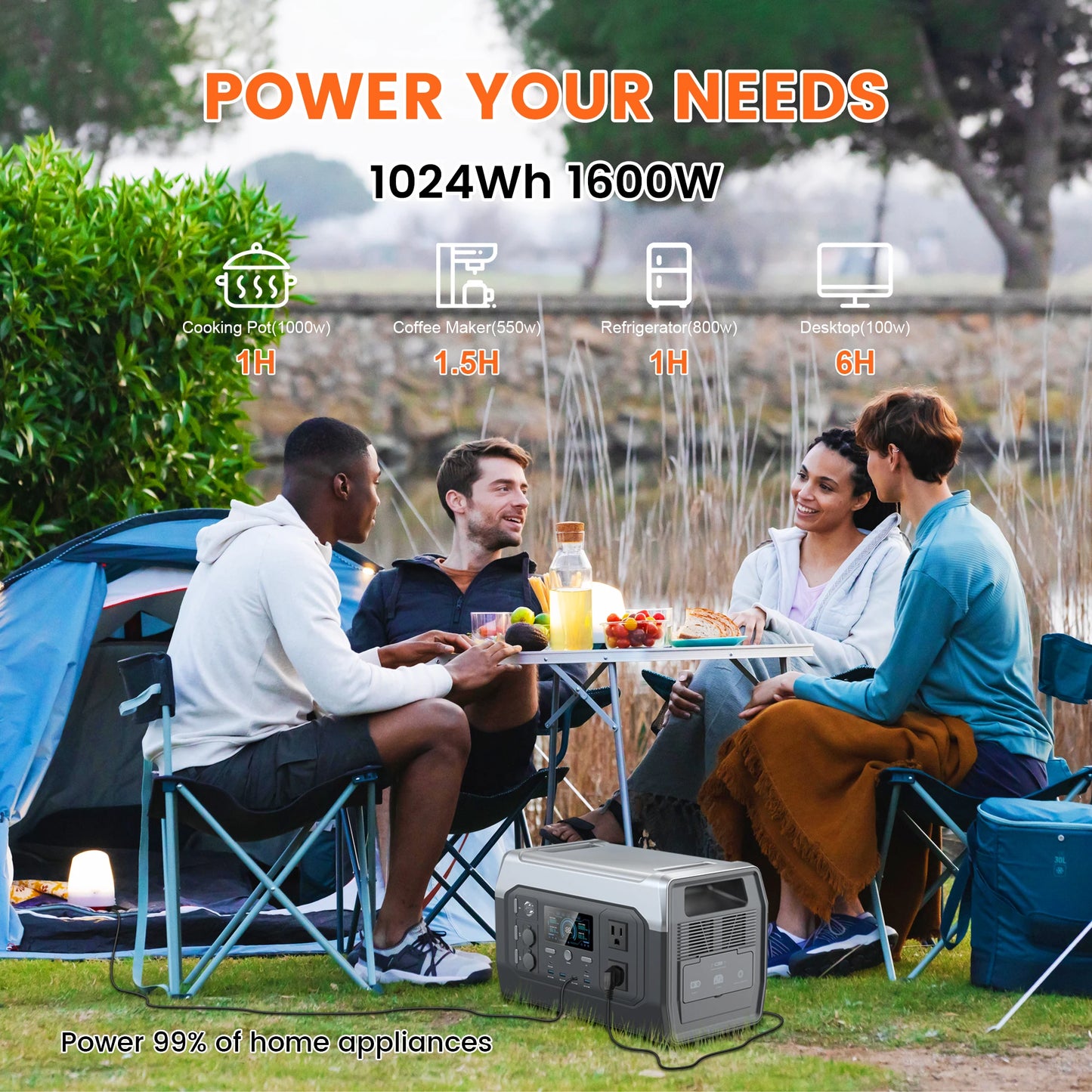Ctolity XP1000 1024Wh 1600w Portable Power Station for Camping, UPS Function, Lifepo4 Battery, One Hour Fast Full Charing