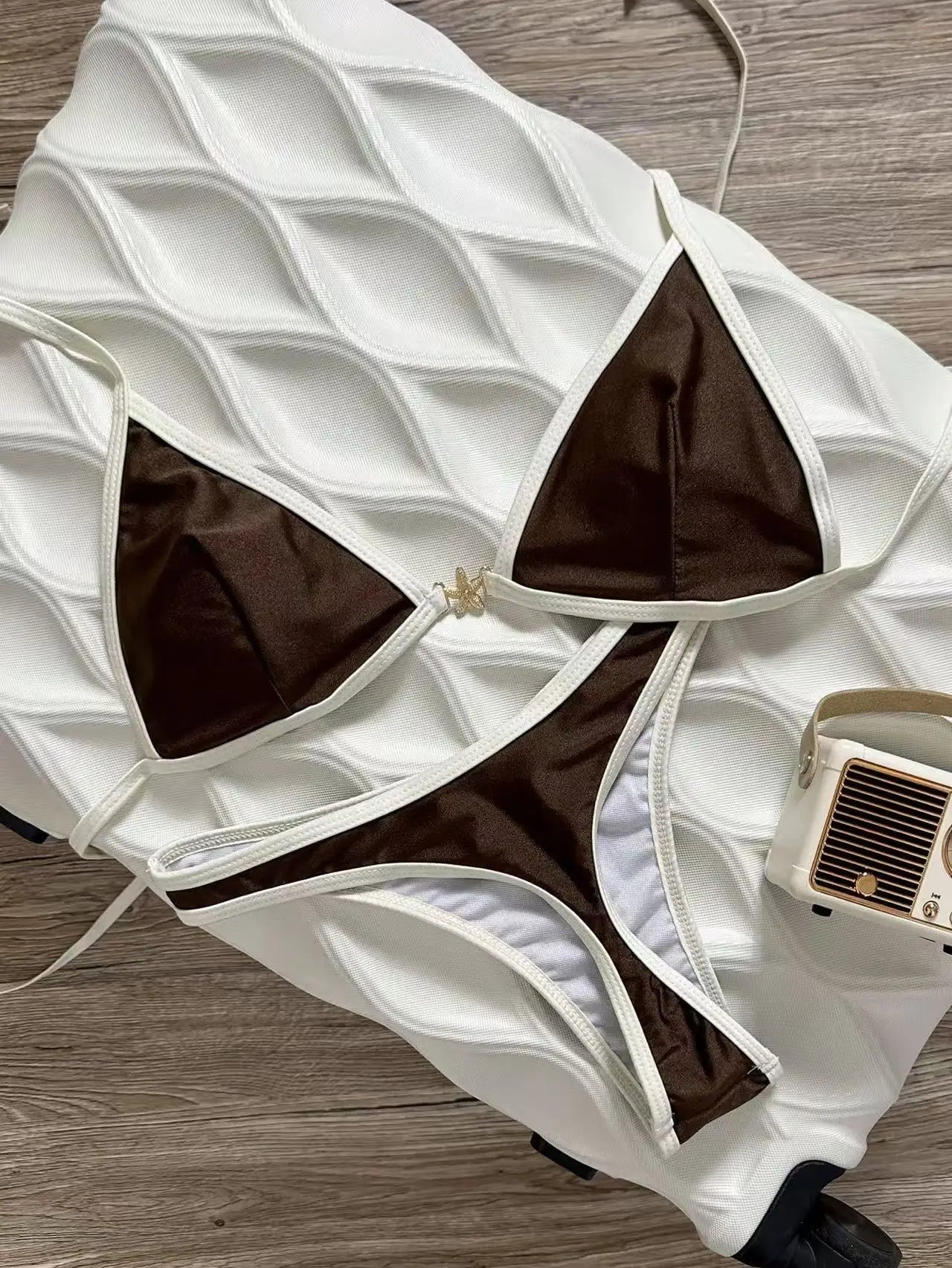 Vintage Brown White Contrast Starfish Detail Triangle Bikini Set High Cut Push Up Swimsuit Women 2 Piece Bathing Suit