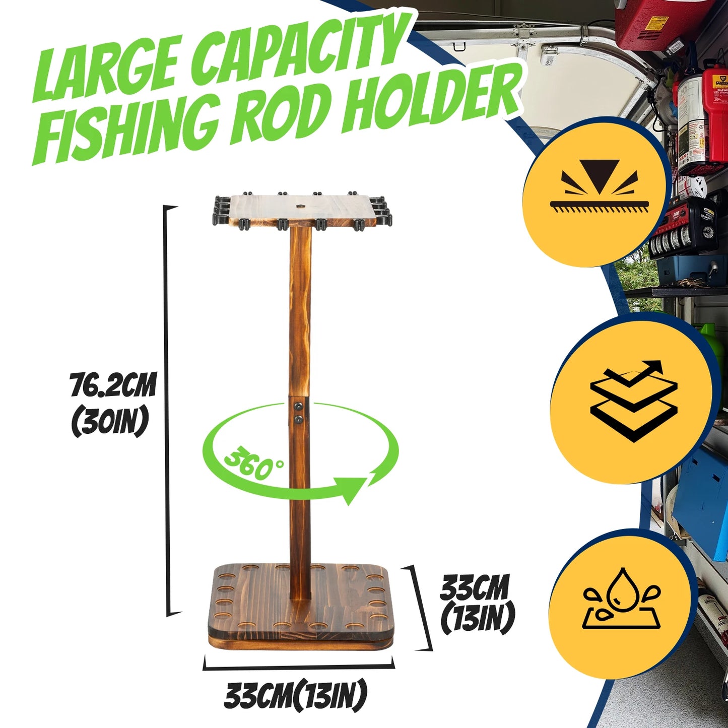 Fishing Rod Holder 360° Rotating Wooden Rod Pole Rack New Style Holds up to 16 rods Fishing Organizer for Space-Saving Fishing R