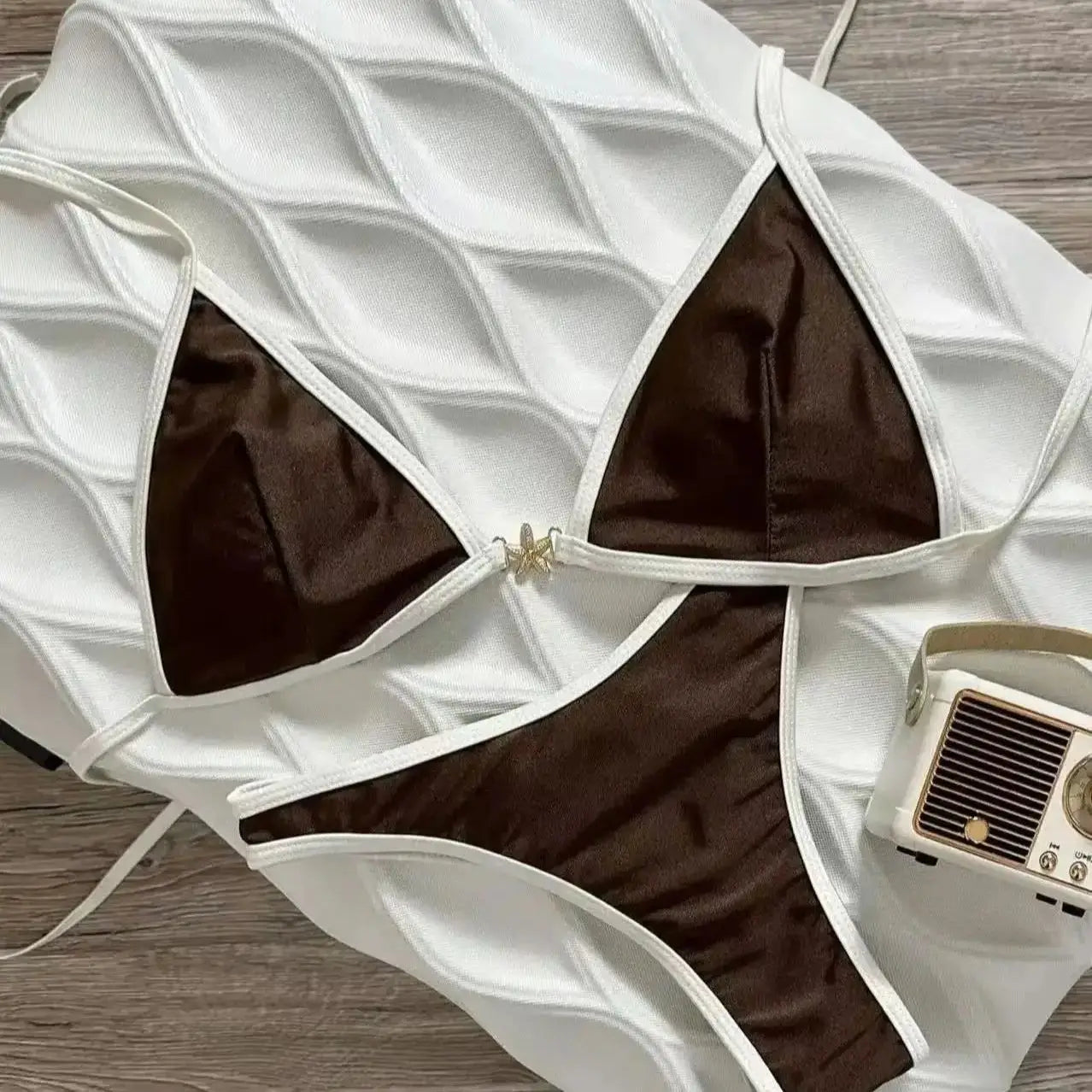 Vintage Brown White Contrast Starfish Detail Triangle Bikini Set High Cut Push Up Swimsuit Women 2 Piece Bathing Suit