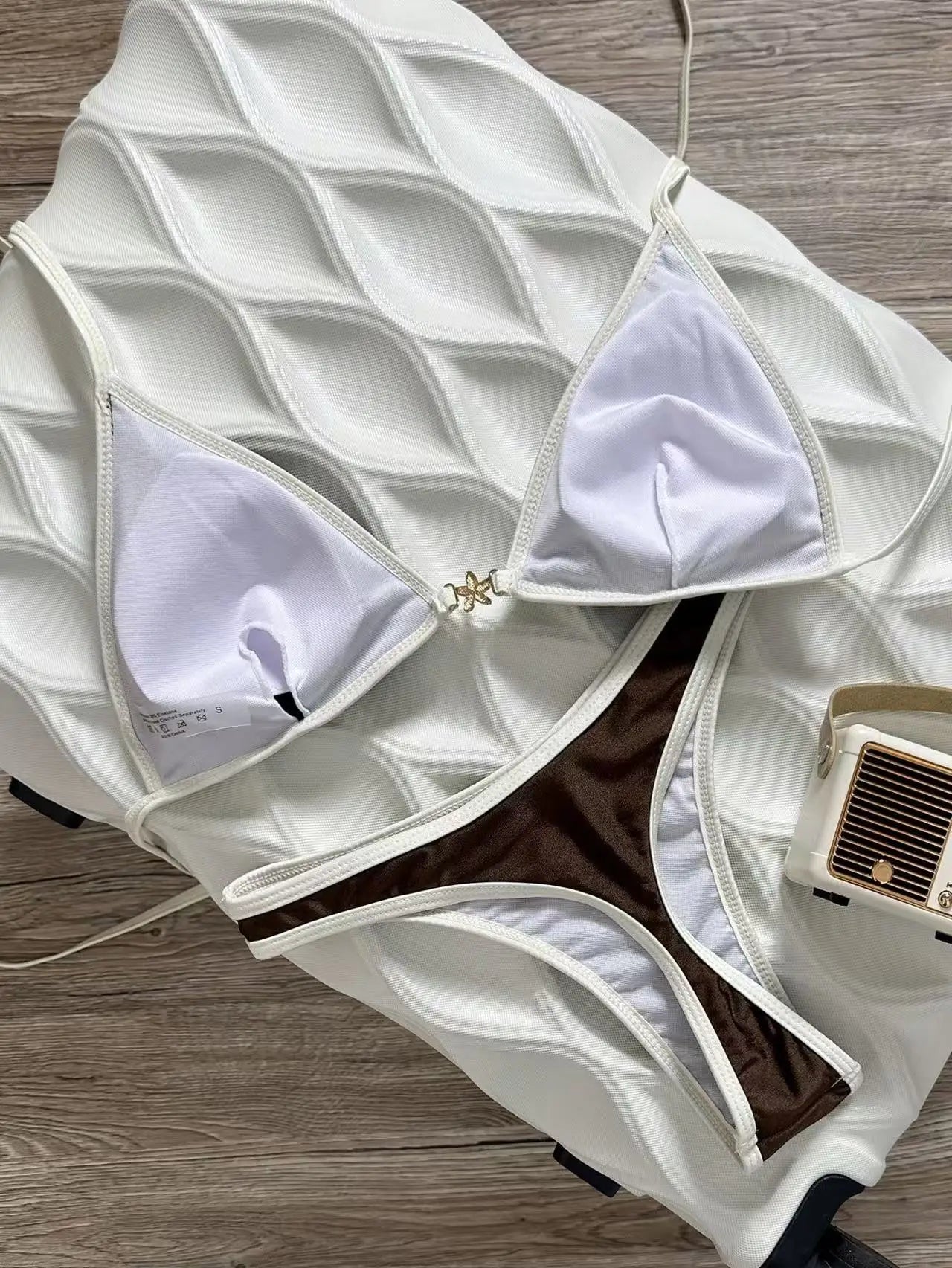 Vintage Brown White Contrast Starfish Detail Triangle Bikini Set High Cut Push Up Swimsuit Women 2 Piece Bathing Suit