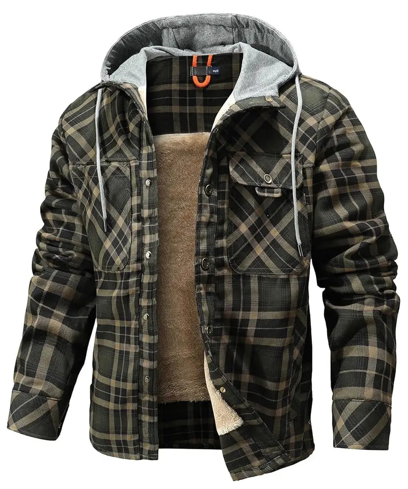 Men's Jackets Winter Hooded Warm Coat Casual Thicken Plaid Work Flannel Snap Sherpa Lined Fleece Clothing US Size