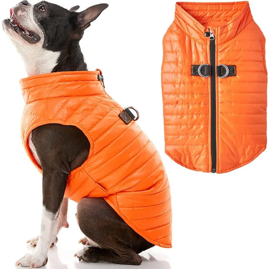 Ultra Thin Zip Up Wind Breaker Puffer Vest Dog Jacket in Orange for Small to Medium Dogs Water Resistant with Dual D Ring Leash