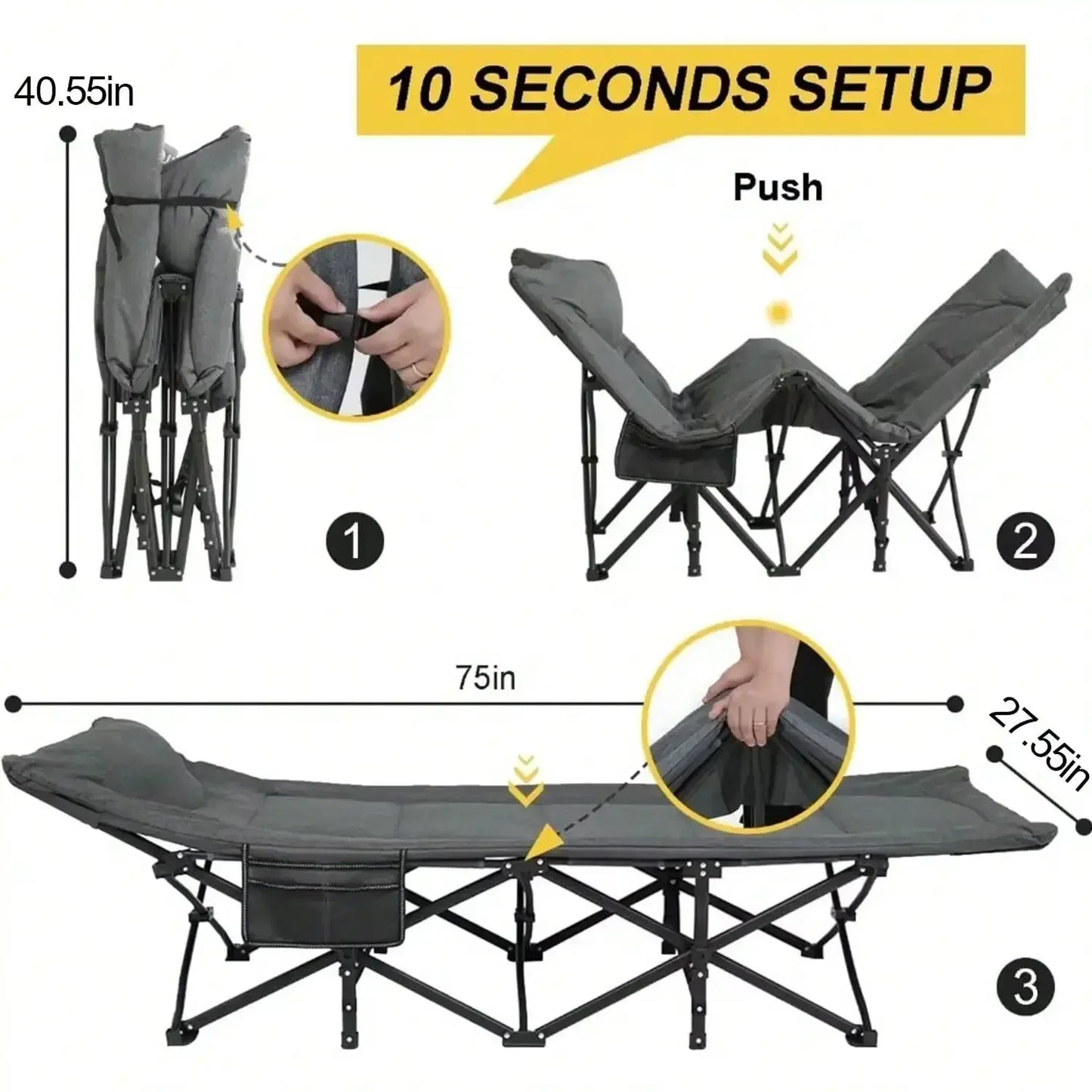 Hign-Concerned Camping Cot With Thick Pad And Side Pockets