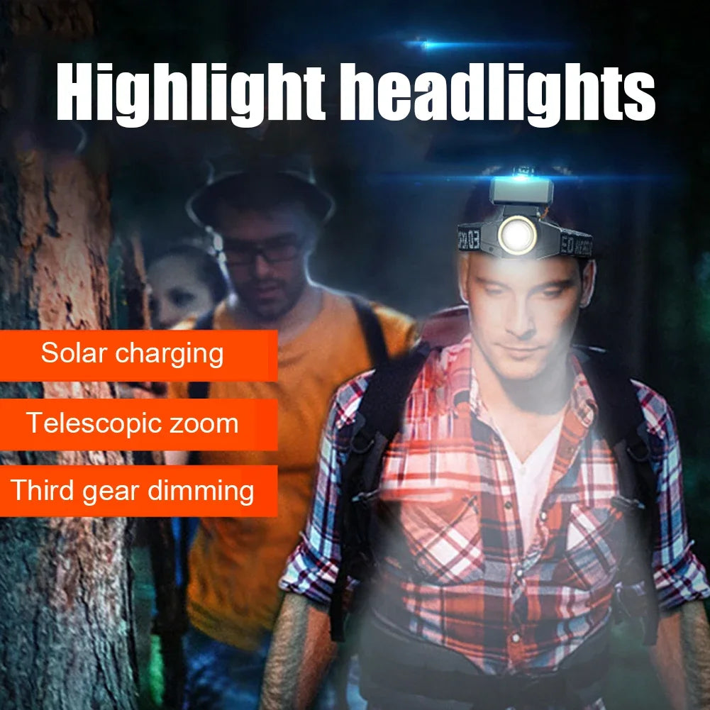 Head-mounted Flashlight Torch Solar + USB Rechargeable Head Light Waterproof