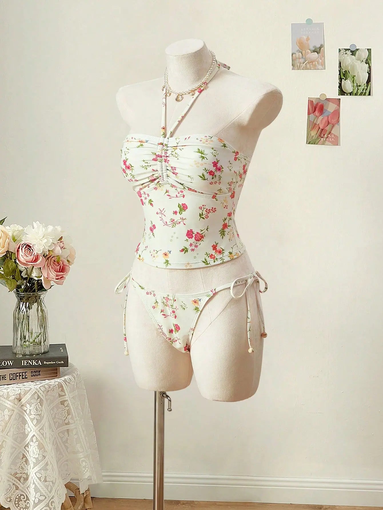 Trendy Floral Print Tankini Two-Piece Swimsuit with Halter Neck And Strap for Women High Waist Sexy Tight Fit Backless Swimwear