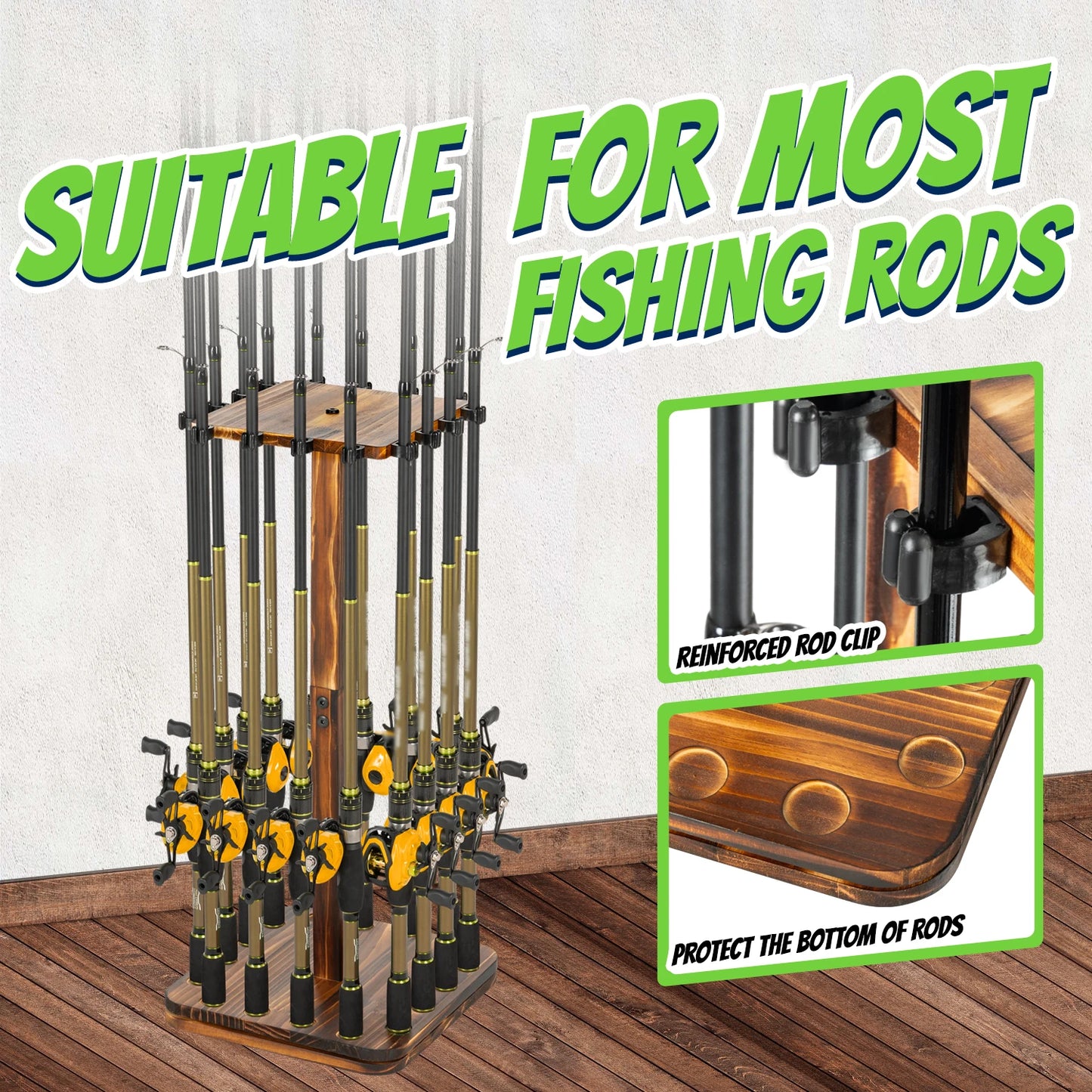 Fishing Rod Holder 360° Rotating Wooden Rod Pole Rack New Style Holds up to 16 rods Fishing Organizer for Space-Saving Fishing R