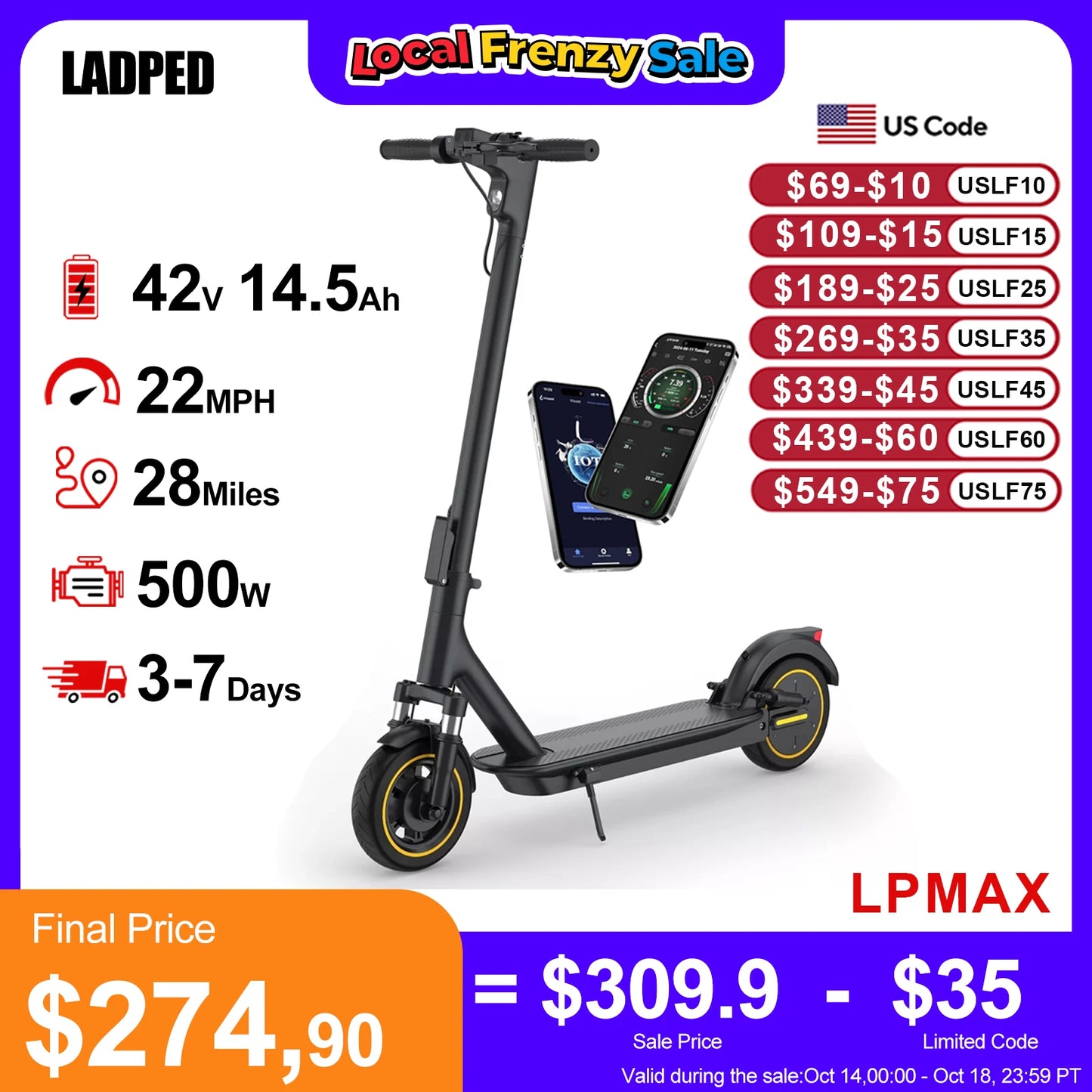 LADPED LPMAX 10" Solid tires Folding Electric Scooter 22MPH 500W 14.5AH 28Miles Super Long Range Dual Shock Absorber EScooter