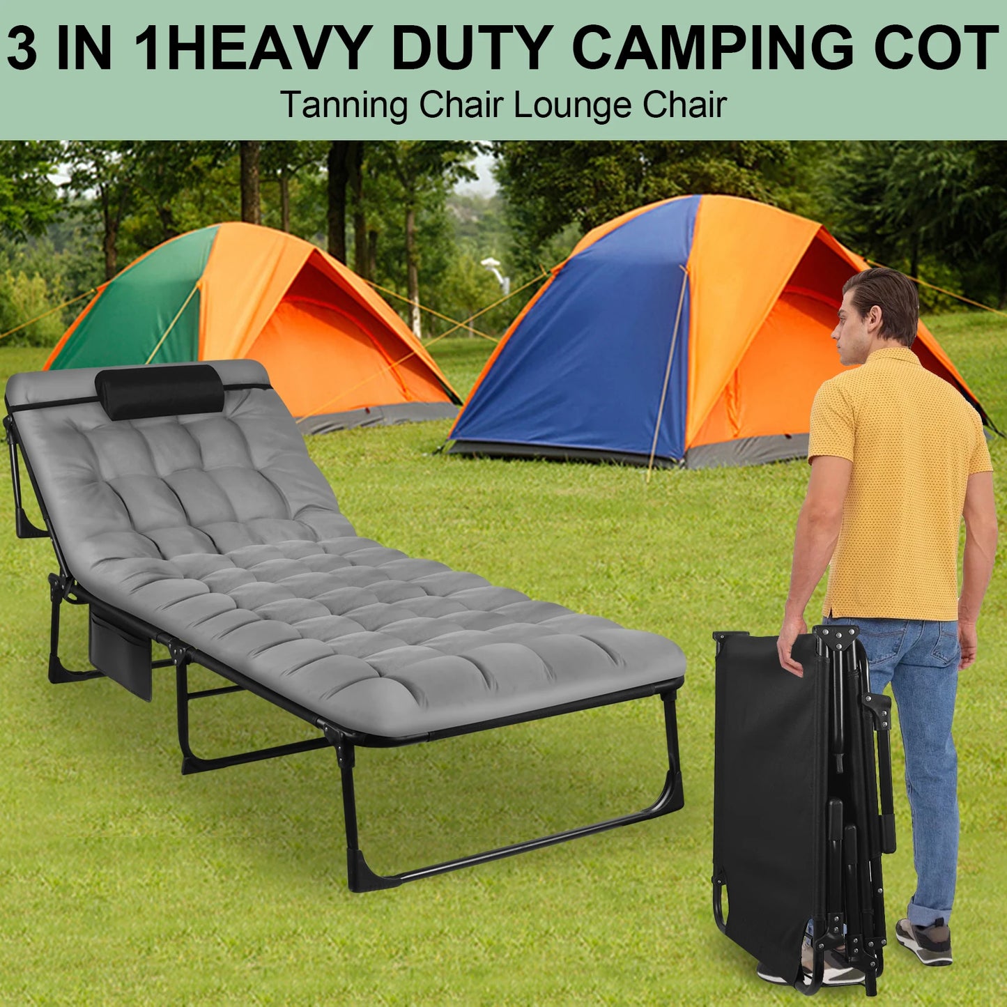 Folded Camping Cot Three Position Lounge with Pillow