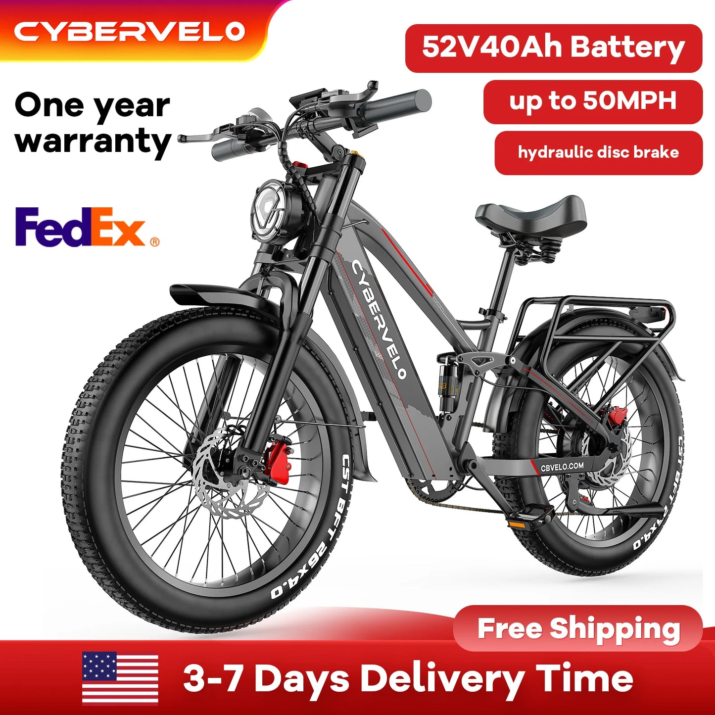 Cybervelo Strong Power Ebike, 5000W Motor Off Road Electric Bike, 100 Miles Long Range, 26"x4.0” Fat Tire, 60V 50Ah Big Battery EK9