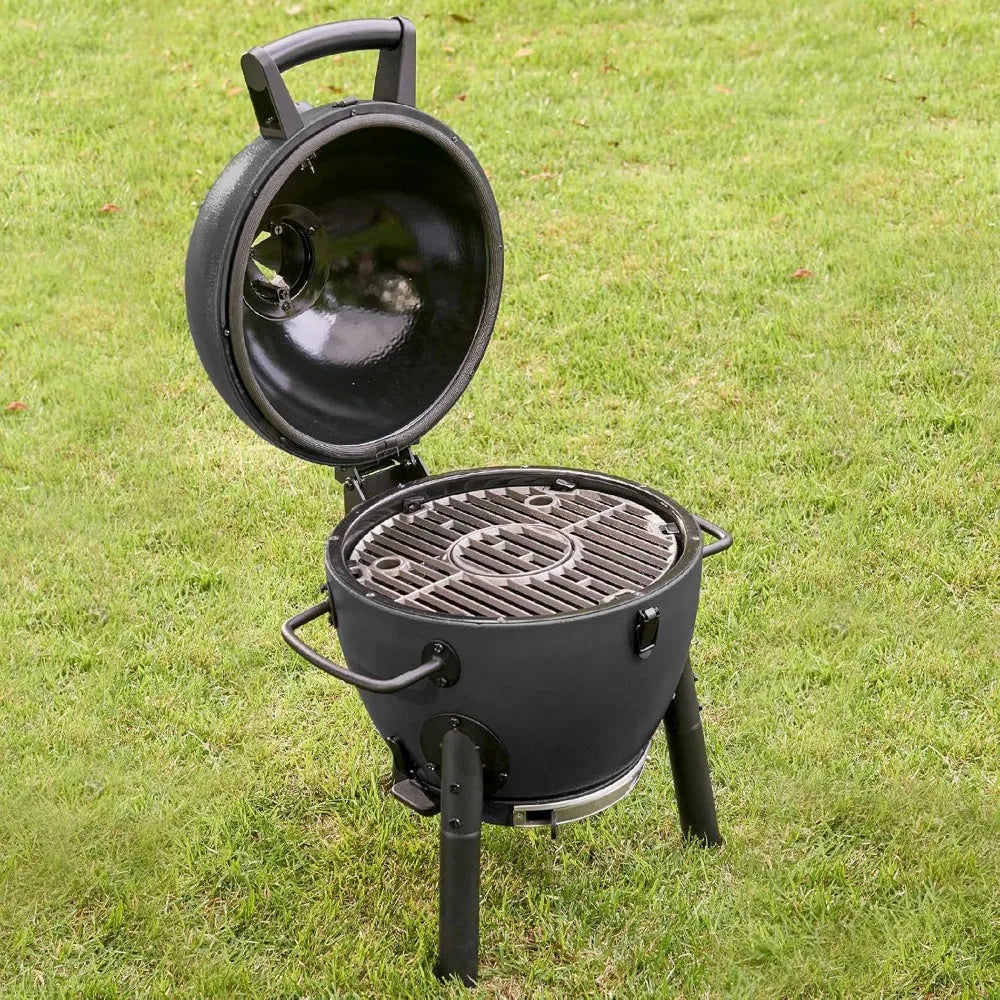Portable Kamado Charcoal Grill and Smoker with Cast Iron Grates, Locking Lid, and 155 Square Inches Cooking Area