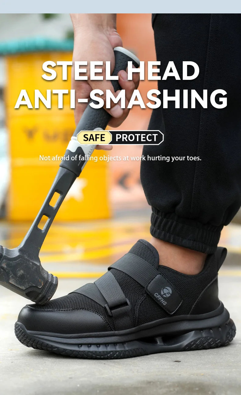 Velcro-Fastened Men's Breathable Casual Work Safety Shoes with Impact and Puncture Resistance