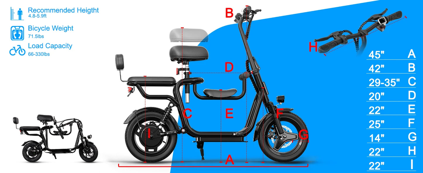 Spacewalk 36V Electric Scooter with 3 Seats for Adults Power by 500W Motor Peak, E Bike with 14" Tire and 20 Miles Range&17.4Mph