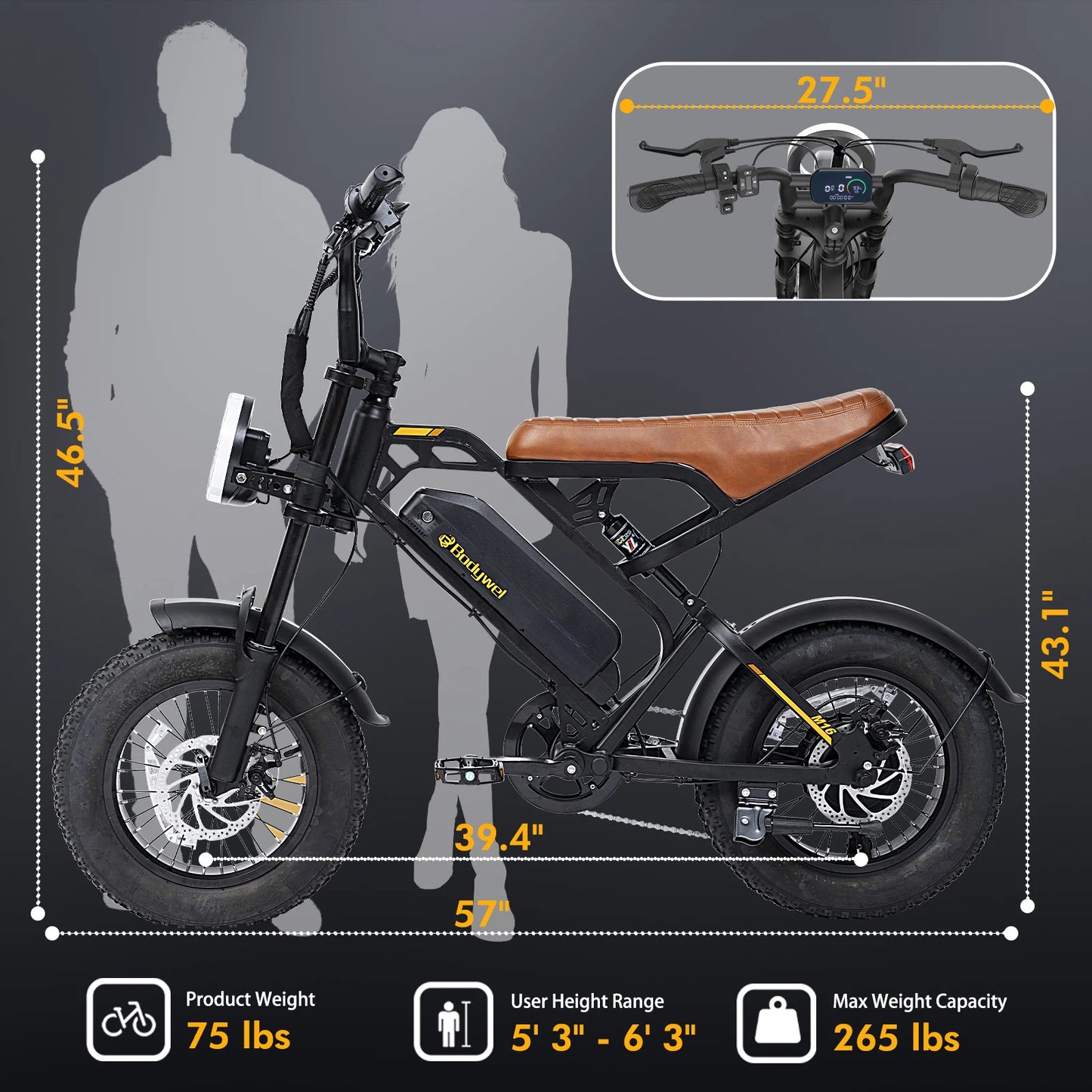 Bodywel M16 Off-Road Electric Bike for Adults 1500W Motor 48V 15AH Battery Fat Tire Mountain Moped Ebike All-Terrain Motorcycle