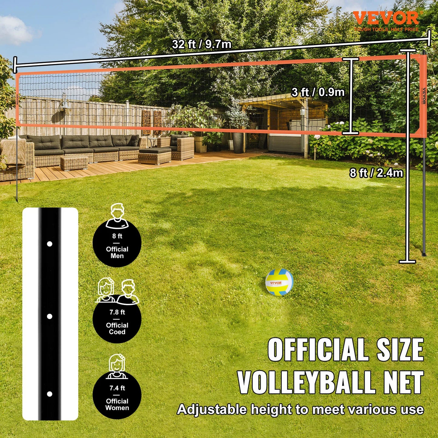 SucceBuy 1.25-1.75inch Outdoor Volleyball Net System Adjustable Height Aluminum Poles Volleyball Set with Pump Carrying Bag