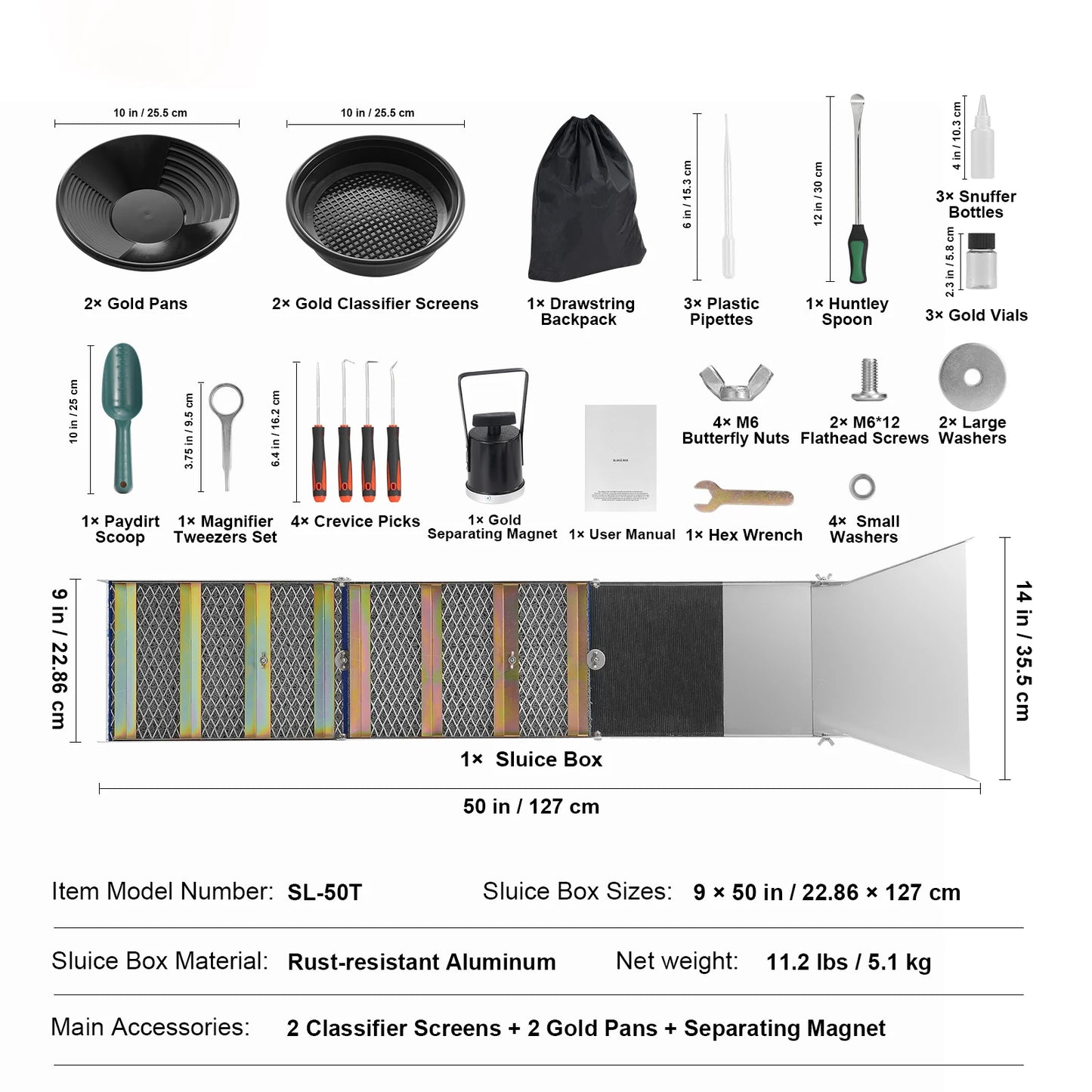 SucceBuy 50" 12" Complete Sluice Box Gold Panning Kit Aluminum Alloy Gold Mining Equipment 23/16 PCS Gold Prospecting Kit