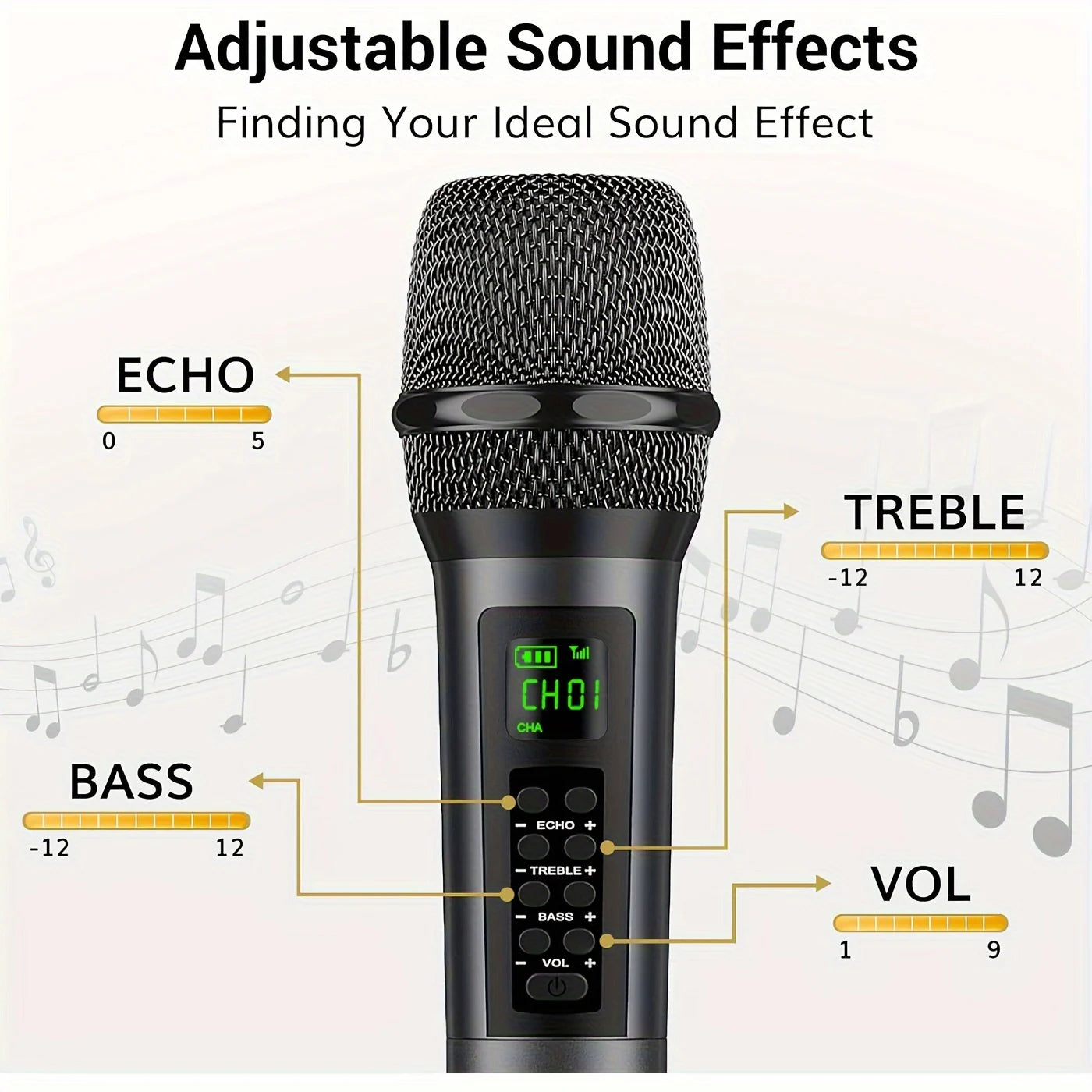 Rechargeable Handheld Wireless Microphones with Echo Treble BASS VOL Control for Karaoke Singing